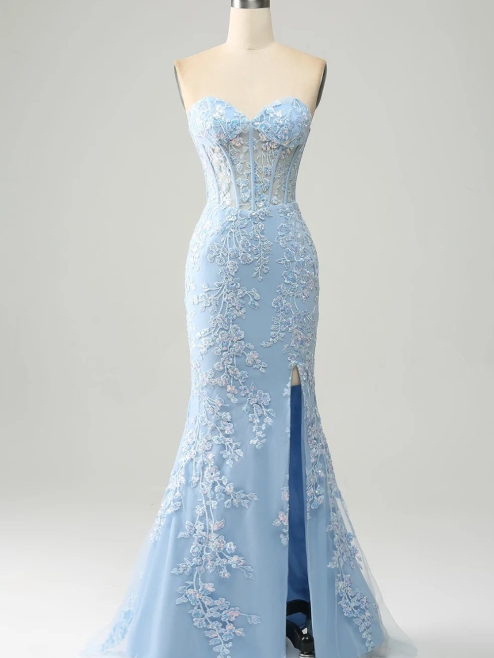 Strapless Light Blue Lace Embroidered Mermaid Dress